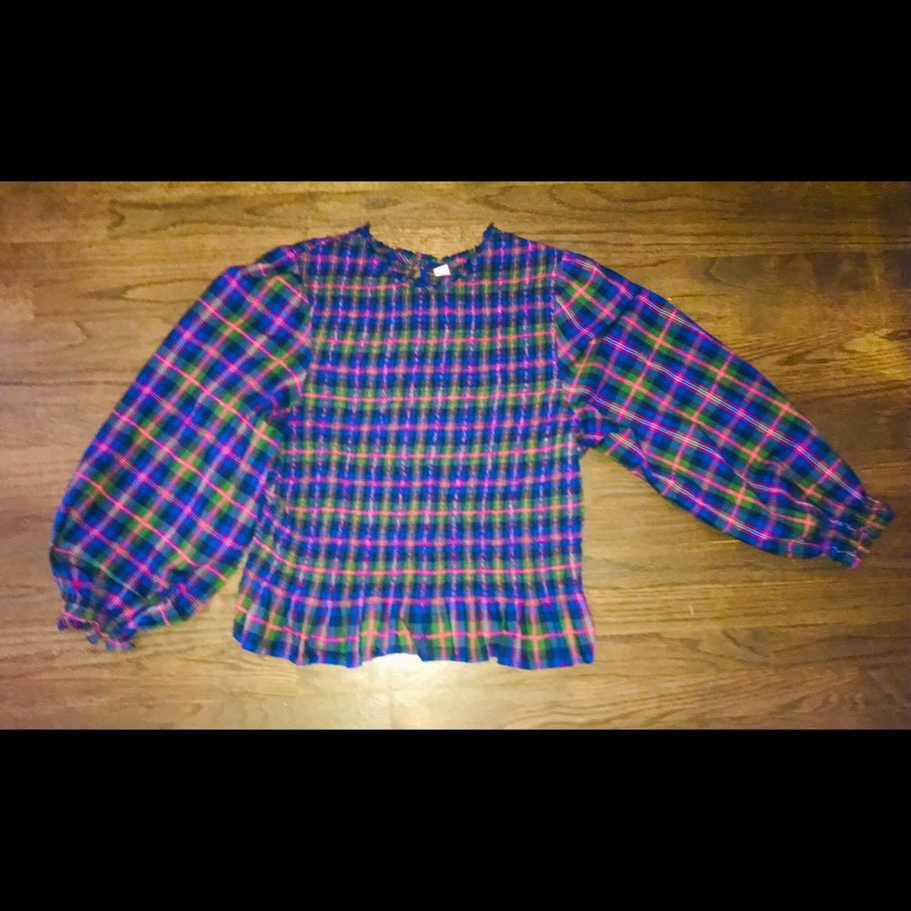 Plaid top with ruching and peplum